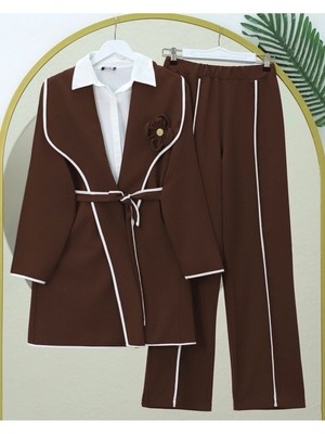 Moda Morfo Kemerli Biyeli Pantolonlu Takım  -Kahve
