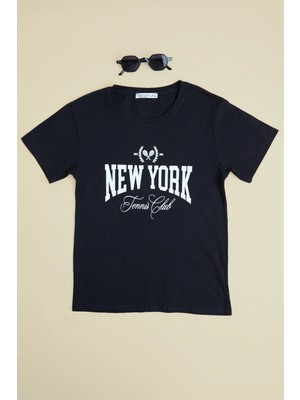 FullaModa New York Yazı Baskılı Kız Çocuk Tişört