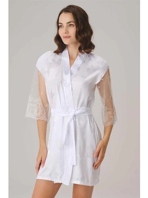 Hobilinka  Çeyizlik Uzun Kol V Yaka Saten Düz Yazlık Mini Dantel Detaylı Sabahlık