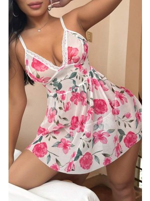 Pembe Çiçek Desenli Dantel Detaylı Gecelik 15706