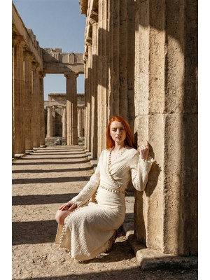 Lorenzella Müslin Kruvaze Elbise Ponpon Detaylı Bohem Uzun Elbise Ekru Standart Beden