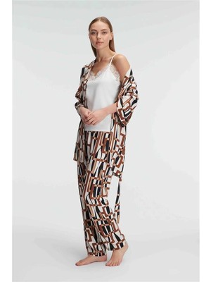 İlkyaz Fashion  Dokuma Viskon Geometrik Baskılı Sabahlık Mikro Kumaş Dantelli Atlet ve Yandan Cepli Pantolon 3'