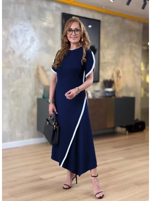 Arben Boutique Kadın Kısa Kollu Bisiklet Yaka Çift Şerit Renk Detaylı Asimetrik Kesim Viskon Iki Iplik Elbise