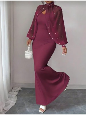 Livizmir Moda Kadın Balıkçı Yaka Inci ve Tül Detay Dalgıç Kumaş Maxi Boy Elbise