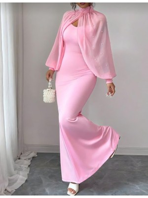 Nidam Butik Kadın Balıkçı Yaka Inci ve Tül Detay Dalgıç Kumaş Maxi Boy Elbise