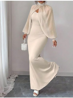 Livizmir Moda Kadın Balıkçı Yaka Inci ve Tül Detay Dalgıç Kumaş Maxi Boy Elbise