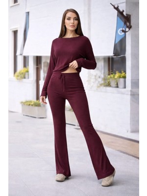 Runiquehome Kadın Bisiklet Yaka Crop ve Ispanyol Paça Pantolon Ikili Takım
