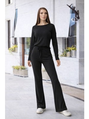Runiquehome Kadın Bisiklet Yaka Crop ve Ispanyol Paça Pantolon Ikili Takım
