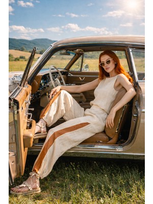 Lorenzella Müslin Crop Bluz Pantolon Takım Bohem Şalvar Pantolonlu Ekru Standart Beden