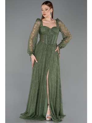 Abiyefon Uzun Kol Yırtmaçlı Korse Detay Dantel Abiye ABU5797