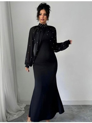 Balmior Kadın Balıkçı Yaka Inci ve Tül Detay Dalgıç Kumaş Maxi Boy Elbise