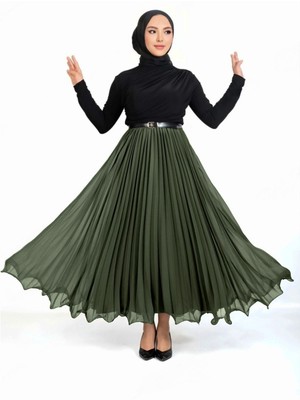 Modamorfo Kemerli Volanlı Pliseli Şifon Etek  -Haki