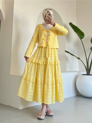 Moda Morfo Önü Bağlamalı Fistolu Etekli Takım -Sarı