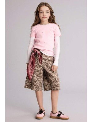 DeFacto %100 Pamuk Leopar Desenli Gabardin Şort Kız Çocuk H6053A826SM