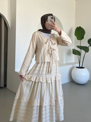 Modamorfo Önü Bağlamalı Fistolu Etekli Takım -Bej