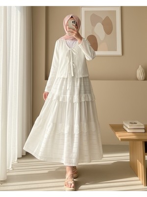 Modamorfo Önü Bağlamalı Fistolu Etekli Takım -Beyaz