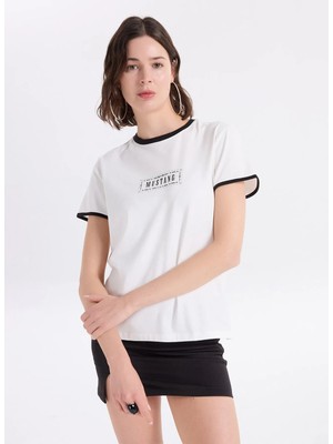 Mustang Bisiklet Yaka Baskılı Ekru Kadın T-Shirt M6SL-TST1241