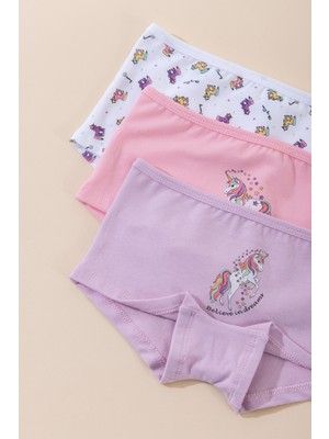 Baykar Kız Çocuk Pamuklu Renkli Baskılı Likralı Boxer 3'lü Paket 5714 Renkli