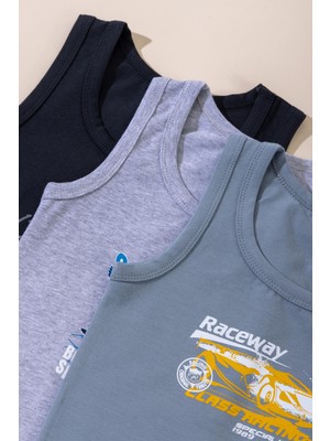 Baykar Erkek Çocuk Pamuklu Bisiklet Yaka Baskılı Atlet Tişört 3'lü Paket 2540 Renkli