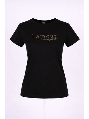 Trender L'mour Yazılı O Yaka Siyah Kadın T-Shirt 26YDT1000006
