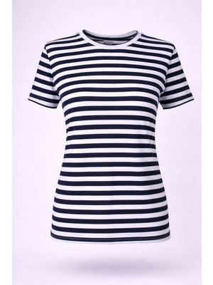 Trender Çizgili Viskon O Yaka Lacivert Kadın T-Shirt 26YDT1000011