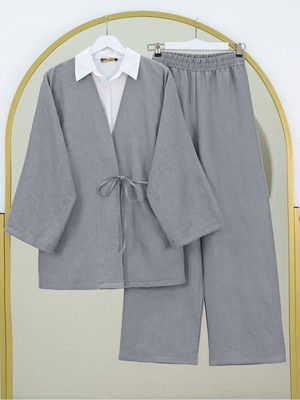 Modamorfo Önden Bağlamalı Pantolonlu Kimono Takım   -Gri