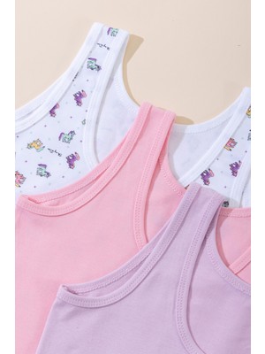 Baykar Kız Çocuk Pamuklu Kalın Askılı Renkli Baskılı Klasik Atlet 3'lü Paket 4714 Renkli