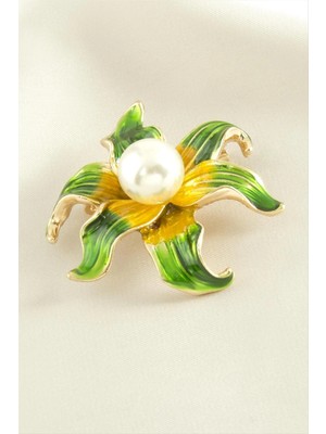 Zero Land Nrzsnt Çiçek Mineli Inci Broş - Sarı