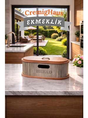 Cremighaus Geleneksel Tasarım Kapaklı Ekmeklik Oval Ahşap Ekmek Sepeti Ihlamur Desenli