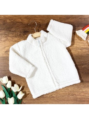 Renkli Puset Bebek Hırka Ekru Peluş Polar Kısa Kol Dik Yaka Düz Desenli Konforlu Tasarım