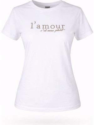 Trender L'mour Yazılı O Yaka Beyaz Kadın T-Shirt 26YDT1000006
