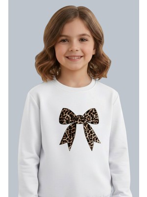 Evavi Kız Çocuk Kurdele Baskılı Bisiklet Yaka Beyaz Sweatshirt