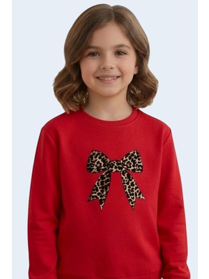 Evavi Kız Çocuk Kurdele Baskılı Bisiklet Yaka Kırmızı Sweatshirt