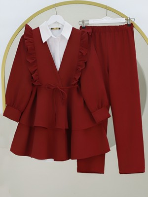 Moda Morfo Önü Fırfırlı Bağcıklı Eteği Katlı Pantolonlu Kimono Takım -Bordo