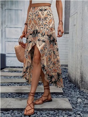 byasafkids Kadın Yüksek Bel Çiçek Desenli Önü Asimetrik Detaylı Uzun Süprem Etek