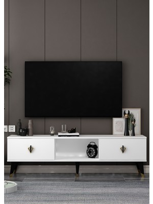 Cantek Dizayn TV1389-1389-TV150-32 Tv Sehpası Beyaz-Siyah-Altın