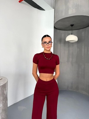 Infivento Osy Modal Yumuşak Dokulu Kumaş Kısa Kollu Crop Alt Ispanyol Paça Pantalon Ikili Takım - Bordo