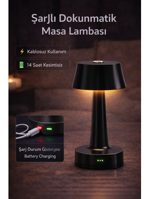 Zen Light Şarjlı Dokunmatik Metal Masa Lambası Kablosuz 3 Renk Işıklı LED Gece Lambası Modern Abajur siyah