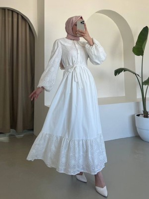 Moda Morfo Bebe Yaka Yarım Düğmeli Fistolu Elbise  -Beyaz