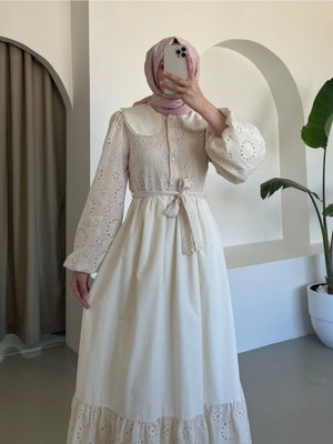 Modamorfo Bebe Yaka Yarım Düğmeli Fistolu Elbise  -Bej