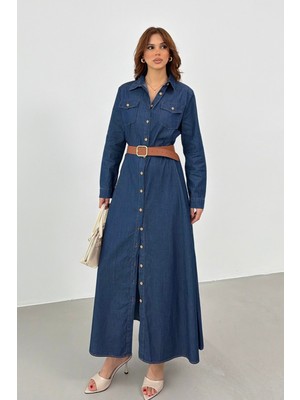 Bejna Kadın Kemerli Maxi Denim Gömlek Elbise