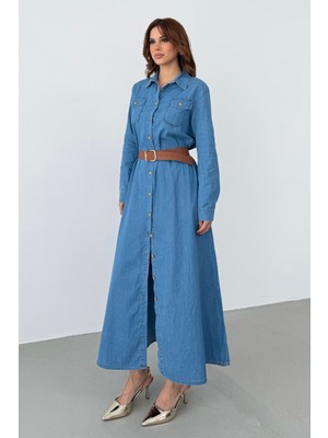 Bejna Kadın Kemerli Maxi Denim Gömlek Elbise