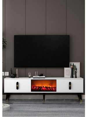 Demonte Decor TV0059-TXA150DD-32 Şömineli Tv Sehpası Beyaz-Siyah Altın