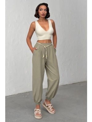 Bejna Kadın Kemer Detaylı Rahat Kesim Keten Dokulu Jogger Pantolon