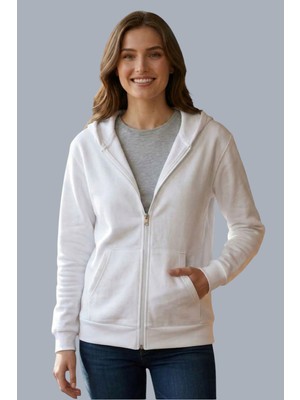 Evavi Kadın Kapüşonlu Fermuarlı Beyaz Sweatshirt Ceket