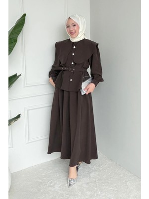 Tesettür Diyarı Parin Tansel Kumaş Kemerli Tesettür Takım- Acı Kahve