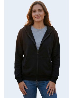 Evavi Kadın Kapüşonlu Fermuarlı Siyah Sweatshirt Ceket