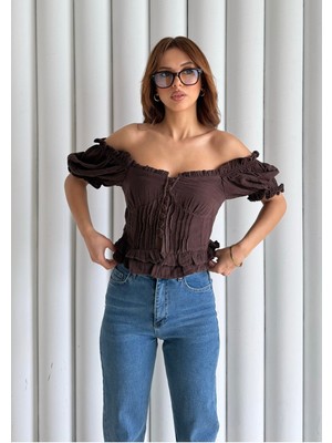 Bejna Kadın Düğme Detaylı Volanlı Müslin Bluz