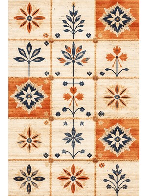 Alpina Home Lavin Turuncu Krem Çiçek Figürlü Kilim Dokuma Taban, Saçaksız Overlok, Antialerjik