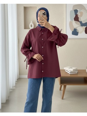 Modamorfo Kolu Büzgülü Arkası Piliseli Gömlek  -Bordo